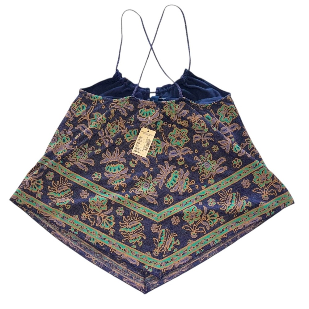 NWT AEO Halter Tank Women’s Handkerchief Cross-Back Navy Blue Floral Top Sz XS - Picture 6 of 8